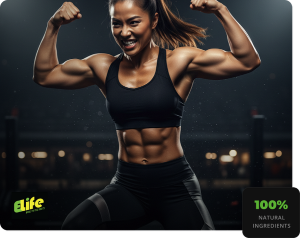 Strong fit woman, flexing her muscles